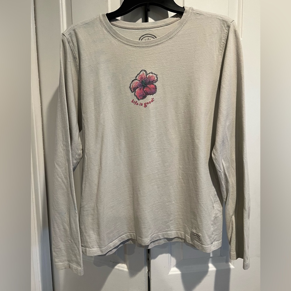 LIFE IS GOOD 🌺Relaxed Fit, Long Sleeve, Taupe , Crewneck Shirt, Pink 🌺Hibiacus - Picture 2 of 7